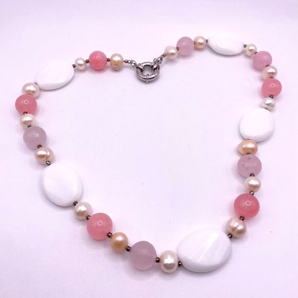 Vintage Handmade Necklace Rose Quartz and White Calcedony 16” - Picture 5 of 5